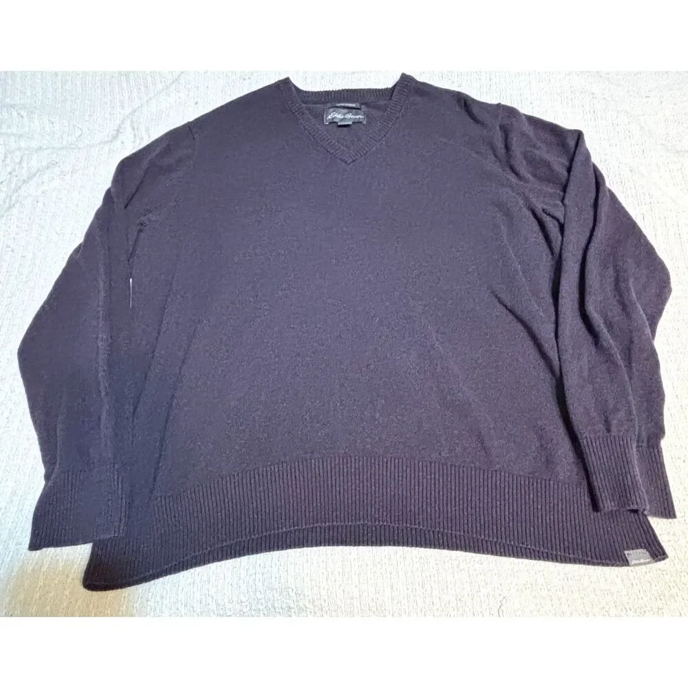 Eddie Bauer Cotton Cashmere V-Neck Sweater Men's XL Gray Blue Soft Luxury Blend